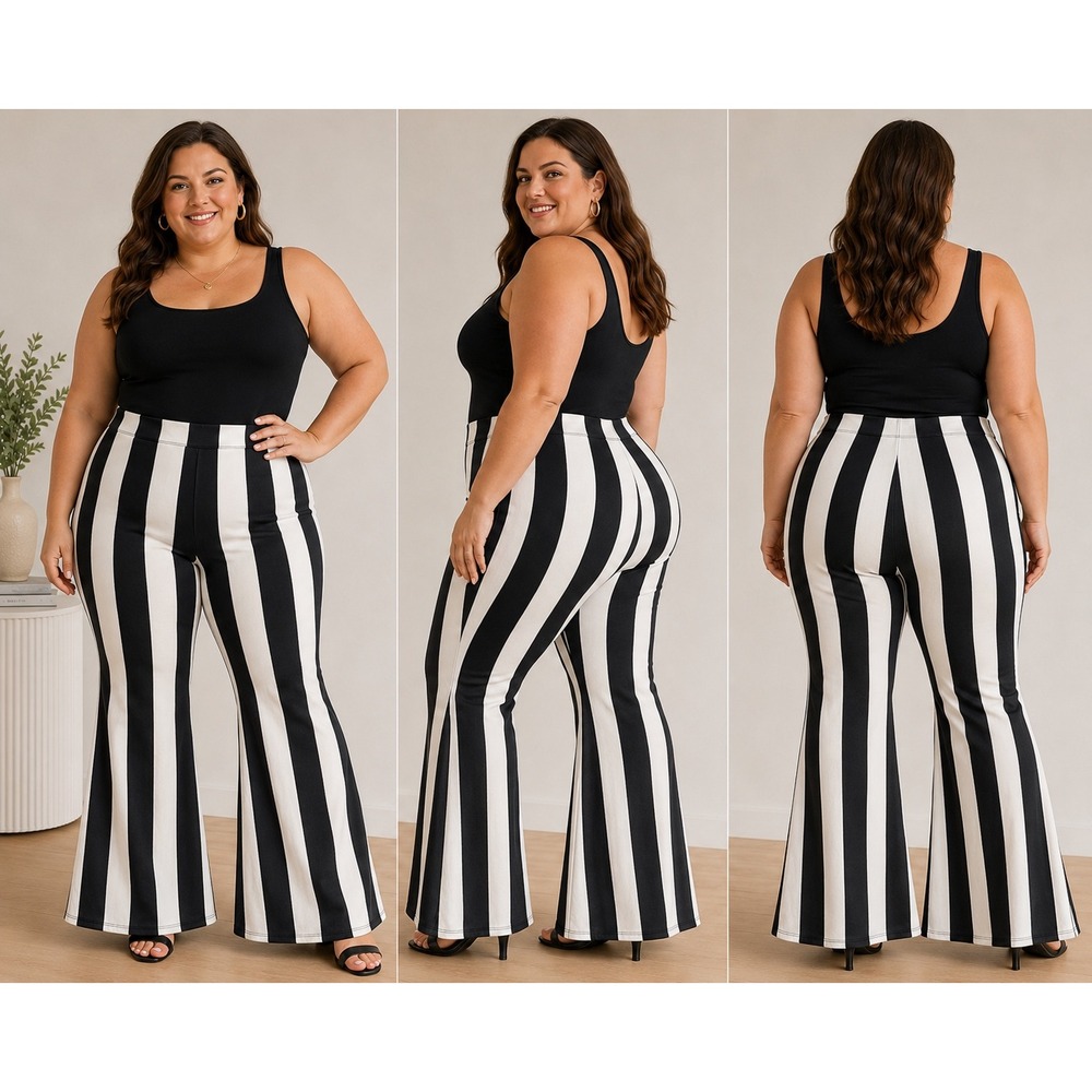 Jade by Jane Black White Vertical Striped Flare Bell Bottom Pants 2XL New w/ Tag